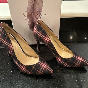 NWT Jessica Simpson black multi plaid heels